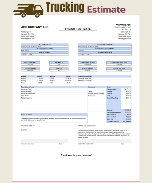 Trucking freight estimate: prepared-for details, pick-up and destination addresses, estimate, pick-up and delivery dates, deposit, mileage, load description, costs, discount, sales tax, estimated total and scope of service.