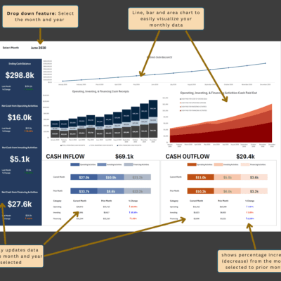 Cash flow dashboard with notes: select the month and year, line, bar and area charts show the monthly data, and the percent change from the prior month is shown.