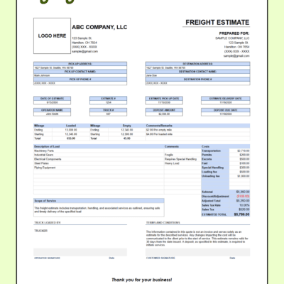 64 Trucking freight estimate with a logo space: prepared-for details, pick-up and destination addresses, estimate, pick-up and delivery dates, deposit, mileage, load description, costs including loading and unloading fees, discount, sales tax and estimated total.