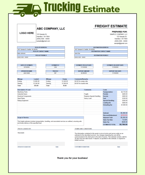 Trucking freight estimate with a logo space: prepared-for details, pick-up and destination addresses, estimate, pick-up and delivery dates, deposit, mileage, load description, costs including loading and unloading fees, discount, sales tax and estimated total.
