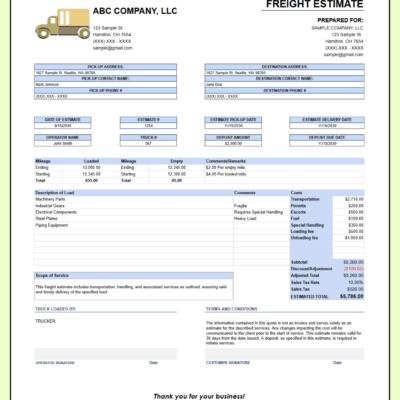 65 Freight estimate with a sample truck logo: prepared-for details, pick-up and destination information, estimate and deposit dates, mileage, load description, costs, discount, sales tax, estimated total and scope of service.