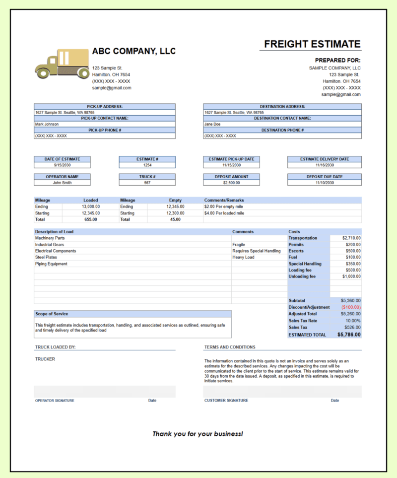 65 Freight estimate with a sample truck logo: prepared-for details, pick-up and destination information, estimate and deposit dates, mileage, load description, costs, discount, sales tax, estimated total and scope of service.