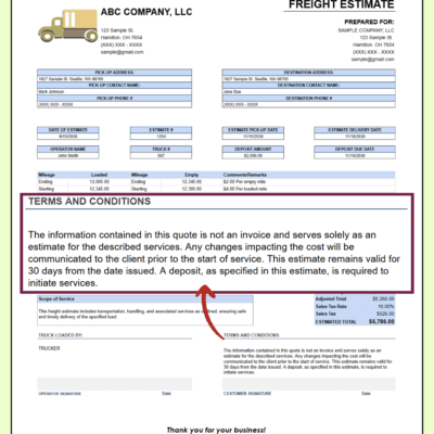 66 Close-up of the freight estimate's terms and conditions: it is not an invoice, cost changes are communicated before service, it is valid for 30 days, and a deposit is required.
