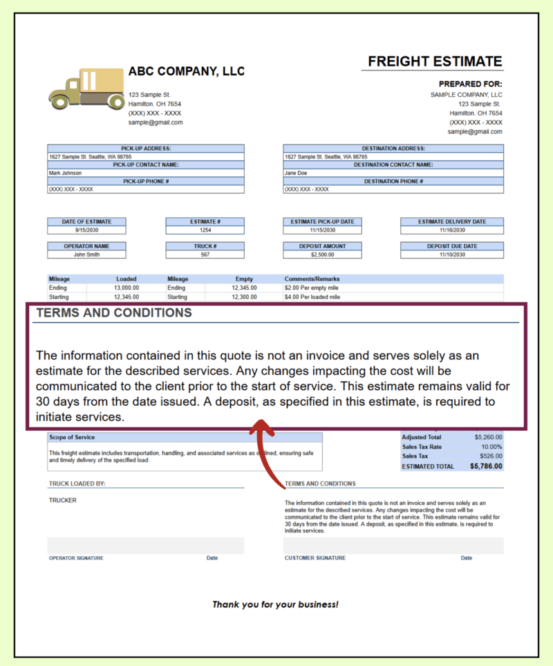66 Close-up of the freight estimate's terms and conditions: it is not an invoice, cost changes are communicated before service, it is valid for 30 days, and a deposit is required.
