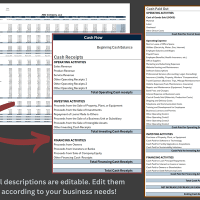 Cash flow statement lines for operating, investing and financing receipts and payments; all descriptions can be edited.
