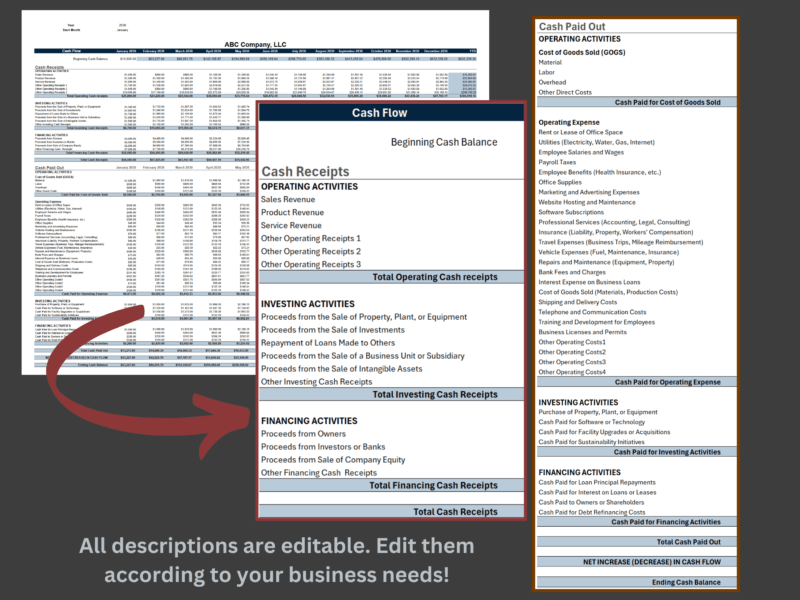 Cash flow statement lines for operating, investing and financing receipts and payments; all descriptions can be edited.