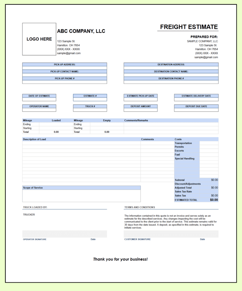 67 A blank freight estimate template with a logo space.