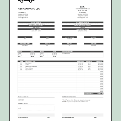 Trucking invoice by weight: bill-to details, pick-up and destination addresses, PO, bill of lading, invoice, truck and trailer numbers, due date, mileage, loads with weight, rate per pound and charges, and a grand total due.
