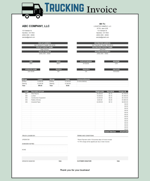 Trucking invoice by weight: bill-to details, pick-up and destination addresses, PO, bill of lading, invoice, truck and trailer numbers, due date, mileage, loads with weight, rate per pound and charges, and a grand total due.