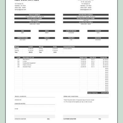 Trucking invoice by weight in gray without a logo: bill-to details, pick-up and destination information, mileage, loads with weight, rate and charges, and grand total.