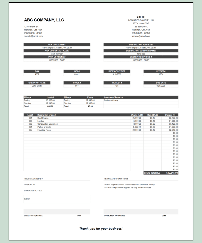 Trucking invoice by weight in gray without a logo: bill-to details, pick-up and destination information, mileage, loads with weight, rate and charges, and grand total.