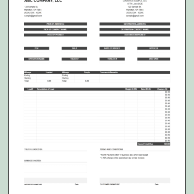 A blank gray trucking invoice template without a logo.