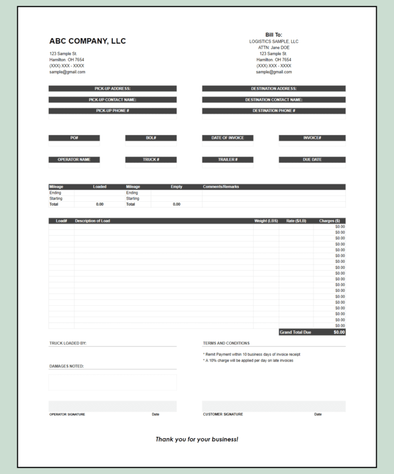 A blank gray trucking invoice template without a logo.