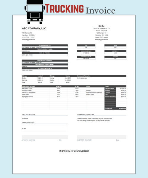 Trucking invoice for a sample company: bill-to details, pick-up and destination addresses, PO, bill of lading and invoice numbers, loaded and empty mileage, load description, costs, grand total and signature lines.