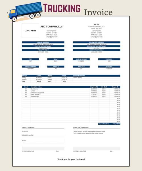 Trucking invoice by weight with a logo space: bill-to details, pick-up and destination addresses, PO, bill of lading, invoice, truck and trailer numbers, due date, mileage, loads with weight, rate per pound and charges, and a grand total due.