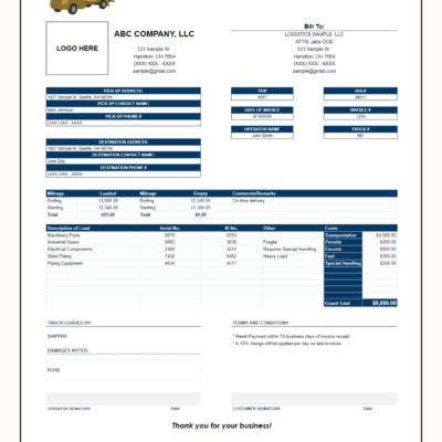 Trucking invoice with a logo space: bill-to details, pick-up and destination addresses, PO, bill of lading and invoice numbers, loaded and empty mileage, load description, costs, grand total and signature lines.