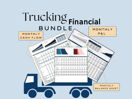 Trucking financial bundle: a monthly cash flow, monthly profit and loss and monthly balance sheet for a sample trucking company, each with charts.