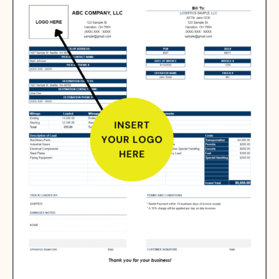 Trucking invoice with a space to insert your company logo: bill-to details, pick-up and destination information, mileage, load items and costs.
