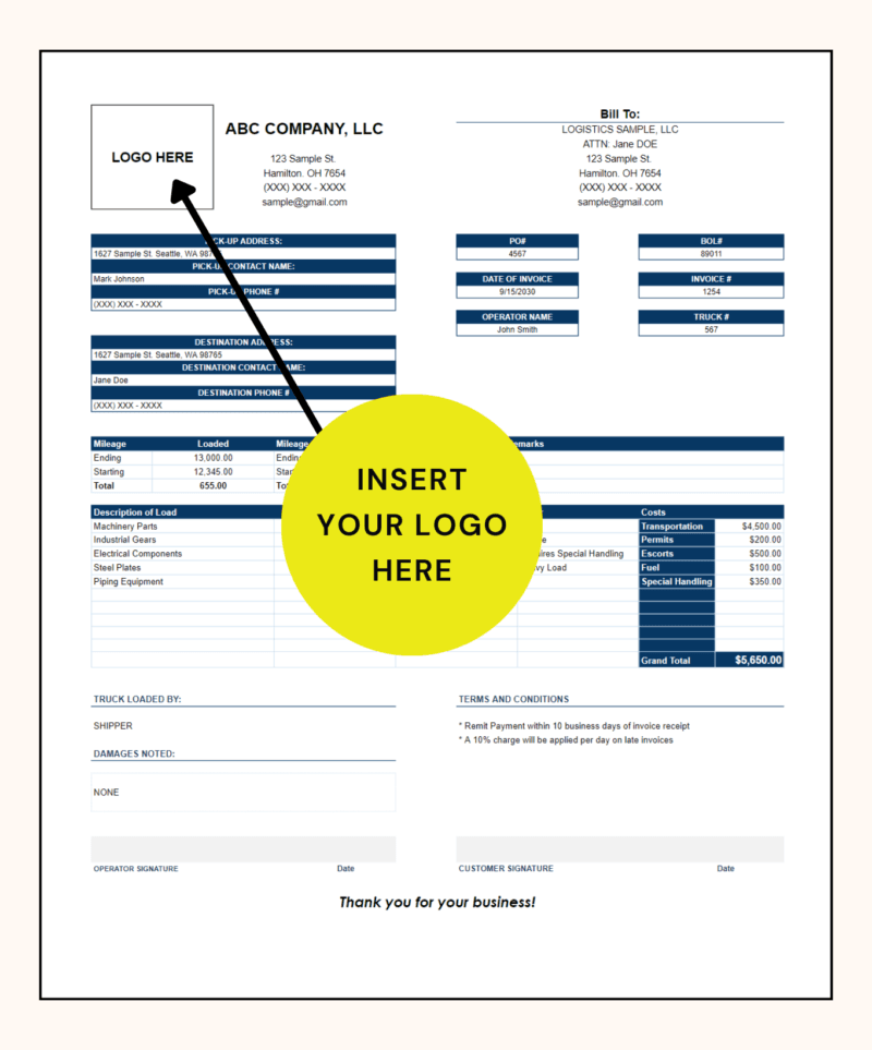 Trucking invoice with a space to insert your company logo: bill-to details, pick-up and destination information, mileage, load items and costs.