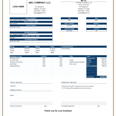 Trucking invoice with a logo space: bill-to details, pick-up and destination information, PO, bill of lading and invoice numbers, mileage, load items with serial and ID numbers, costs including special handling, and a grand total.