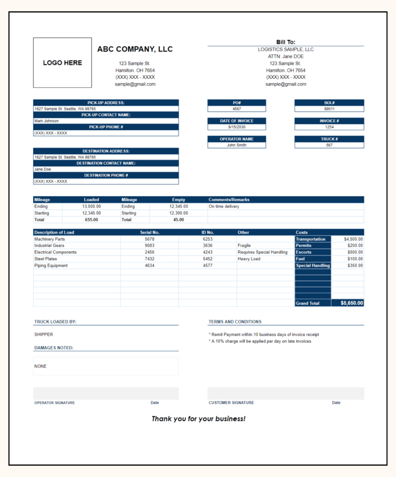 Trucking invoice with a logo space: bill-to details, pick-up and destination information, PO, bill of lading and invoice numbers, mileage, load items with serial and ID numbers, costs including special handling, and a grand total.