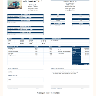 Trucking invoice with a sample truck logo: bill-to details, pick-up and destination information, PO, bill of lading and invoice numbers, mileage, load items with serial and ID numbers, costs and a grand total.
