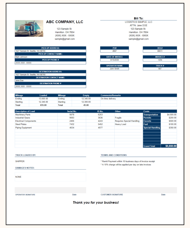 Trucking invoice with a sample truck logo: bill-to details, pick-up and destination information, PO, bill of lading and invoice numbers, mileage, load items with serial and ID numbers, costs and a grand total.