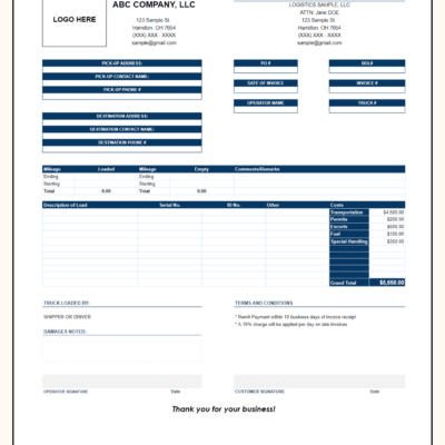 A blank trucking invoice template with a logo space, ready to fill in.