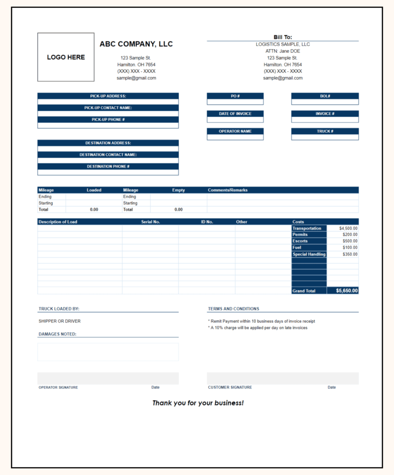 A blank trucking invoice template with a logo space, ready to fill in.