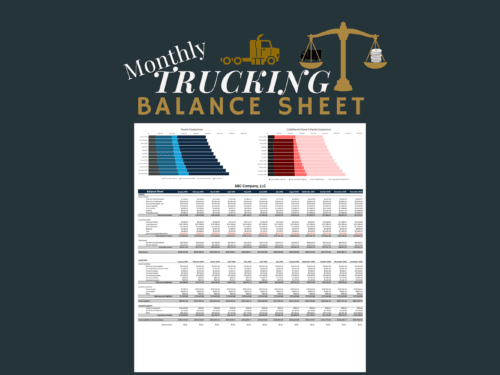 Monthly trucking balance sheet for a sample company: assets, liabilities and owner's equity by month, with assets and liabilities comparison charts.