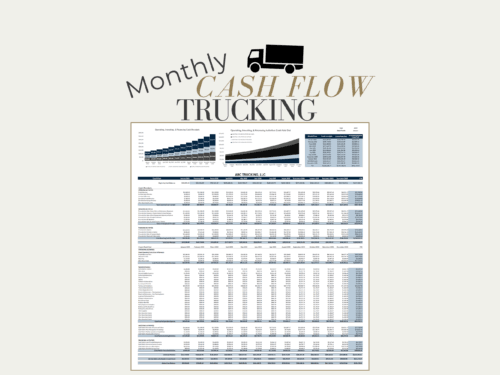 Monthly trucking cash flow for a sample company: operating, investing and financing cash receipts and cash paid out by month, with charts and a monthly summary.