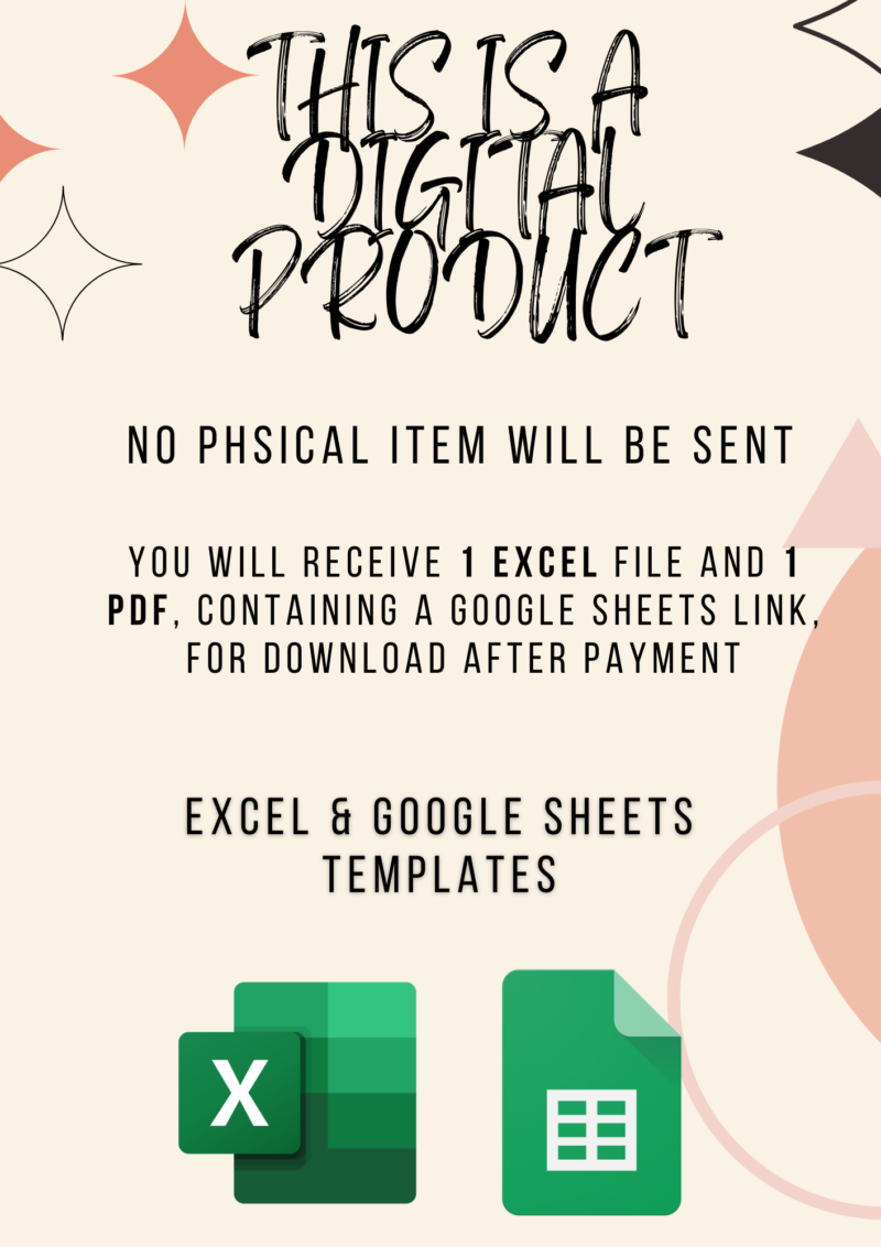 Balance Sheet This is a digital product; no physical item is sent. You receive 1 Excel file and 1 PDF with a Google Sheets link after payment. Excel and Google Sheets templates.
