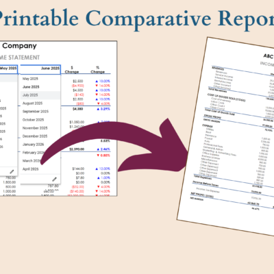 Printable comparative income statement report: pick any two months to compare.