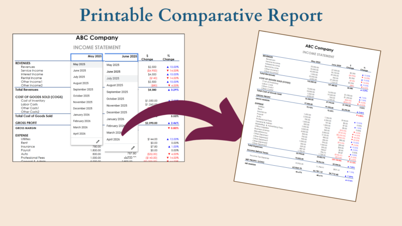 Printable comparative income statement report: pick any two months to compare.