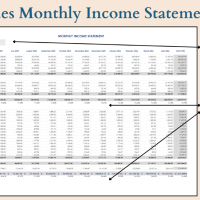 Monthly income statement included: pick any year and start month; gross and net margins are calculated, and all descriptions can be edited.