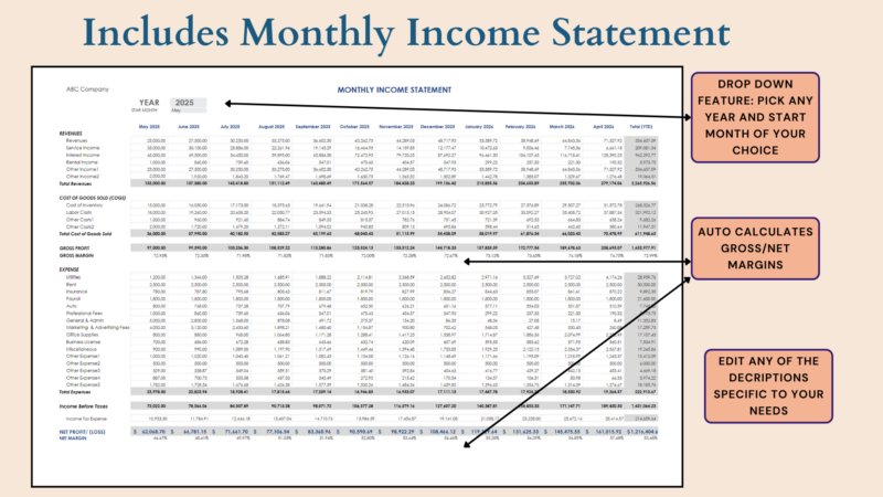 Monthly income statement included: pick any year and start month; gross and net margins are calculated, and all descriptions can be edited.