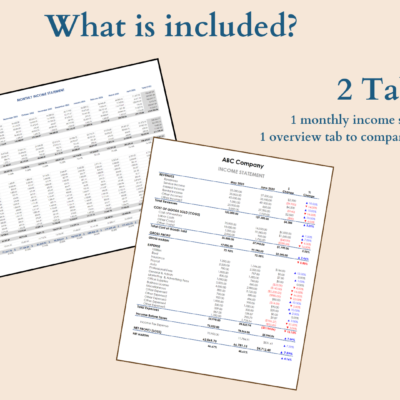 What's included, 2 tabs: a monthly income statement tab and an overview tab to compare any two months.