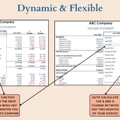 Income statement comparison: pick any two months from the drop-down lists, and the dollar and percent change are calculated.
