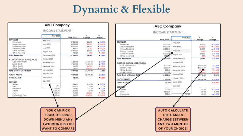 Income statement comparison: pick any two months from the drop-down lists, and the dollar and percent change are calculated.