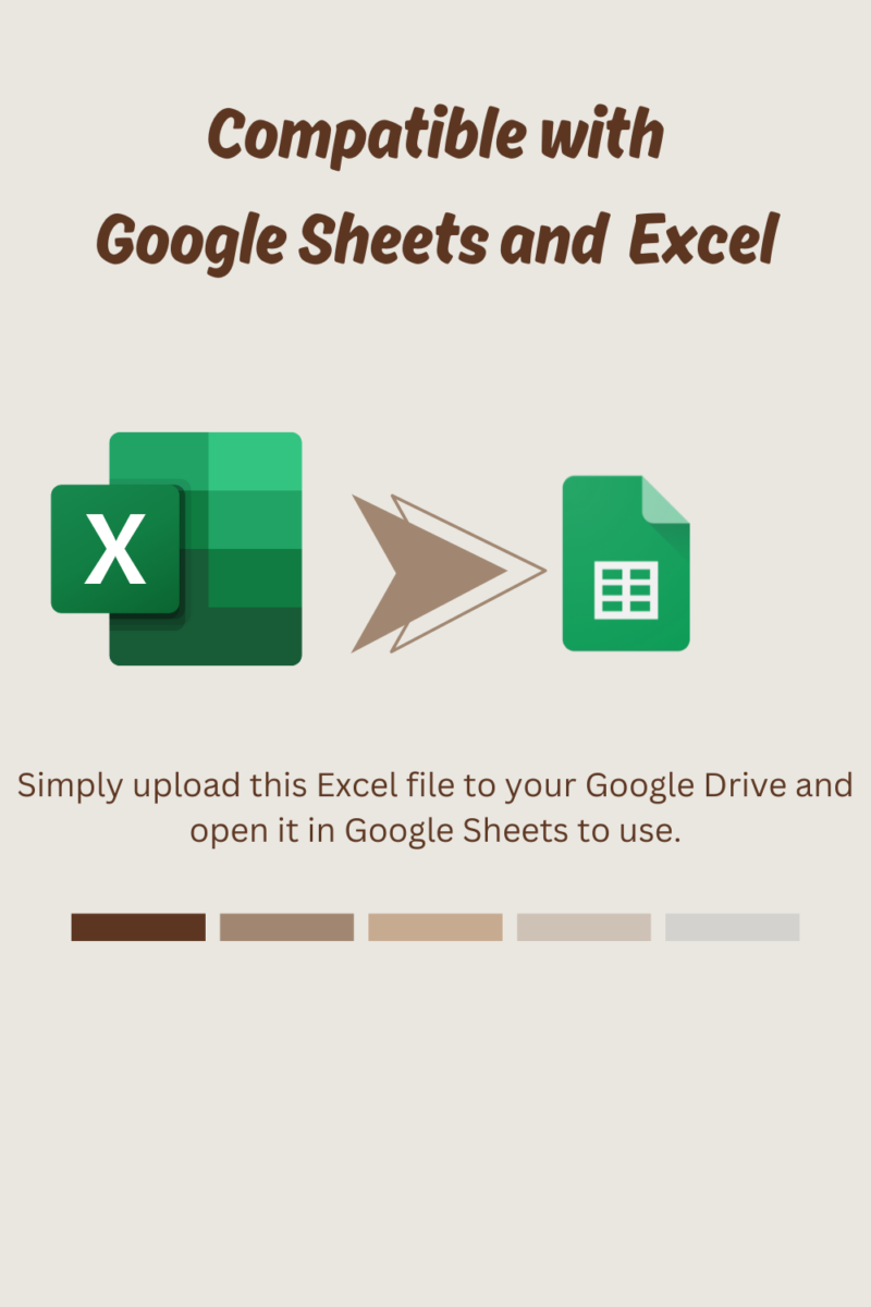 Works with Google Sheets and Excel: upload the Excel file to Google Drive and open it in Google Sheets.