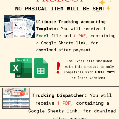 This is a digital product; no physical item is sent. Ultimate Trucking Accounting: 1 Excel file and 1 PDF with a Google Sheets link, Excel 2021 or later. Trucking Dispatcher: 1 PDF with a Google Sheets link, Google Sheets only.