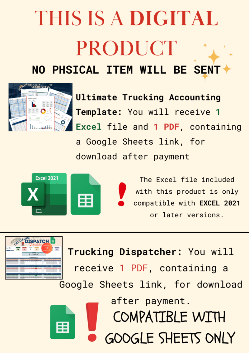 This is a digital product; no physical item is sent. Ultimate Trucking Accounting: 1 Excel file and 1 PDF with a Google Sheets link, Excel 2021 or later. Trucking Dispatcher: 1 PDF with a Google Sheets link, Google Sheets only.