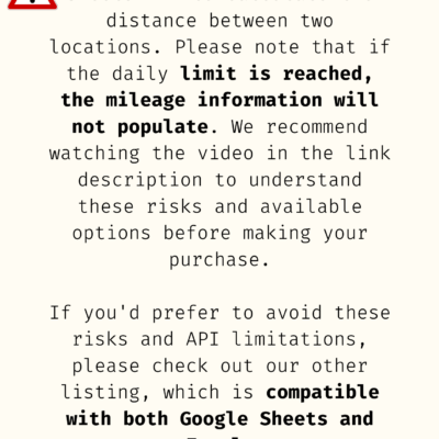 Note: this item uses the Google Sheets API to calculate the distance between two locations; if the daily limit is reached, mileage does not fill in. The video in the description explains this. Another listing works in both Google Sheets and Excel.