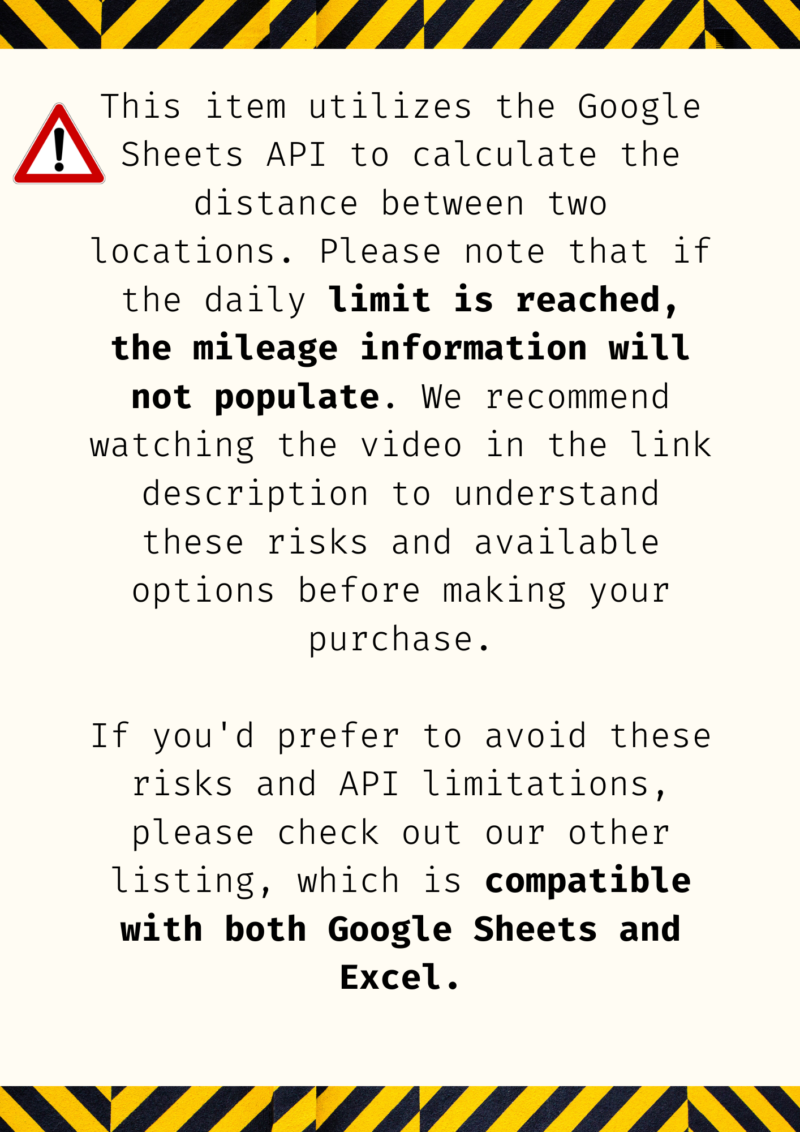 Note: this item uses the Google Sheets API to calculate the distance between two locations; if the daily limit is reached, mileage does not fill in. The video in the description explains this. Another listing works in both Google Sheets and Excel.
