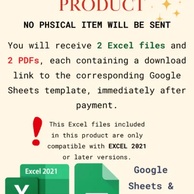 This is a digital product; no physical item is sent. You receive 2 Excel files and 2 PDFs with links to the Google Sheets templates. The Excel files work only with Excel 2021 or later.