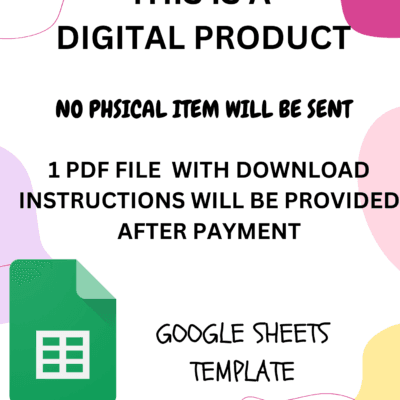 This is a digital product; no physical item is sent. One PDF with download instructions is provided after payment. Google Sheets template.