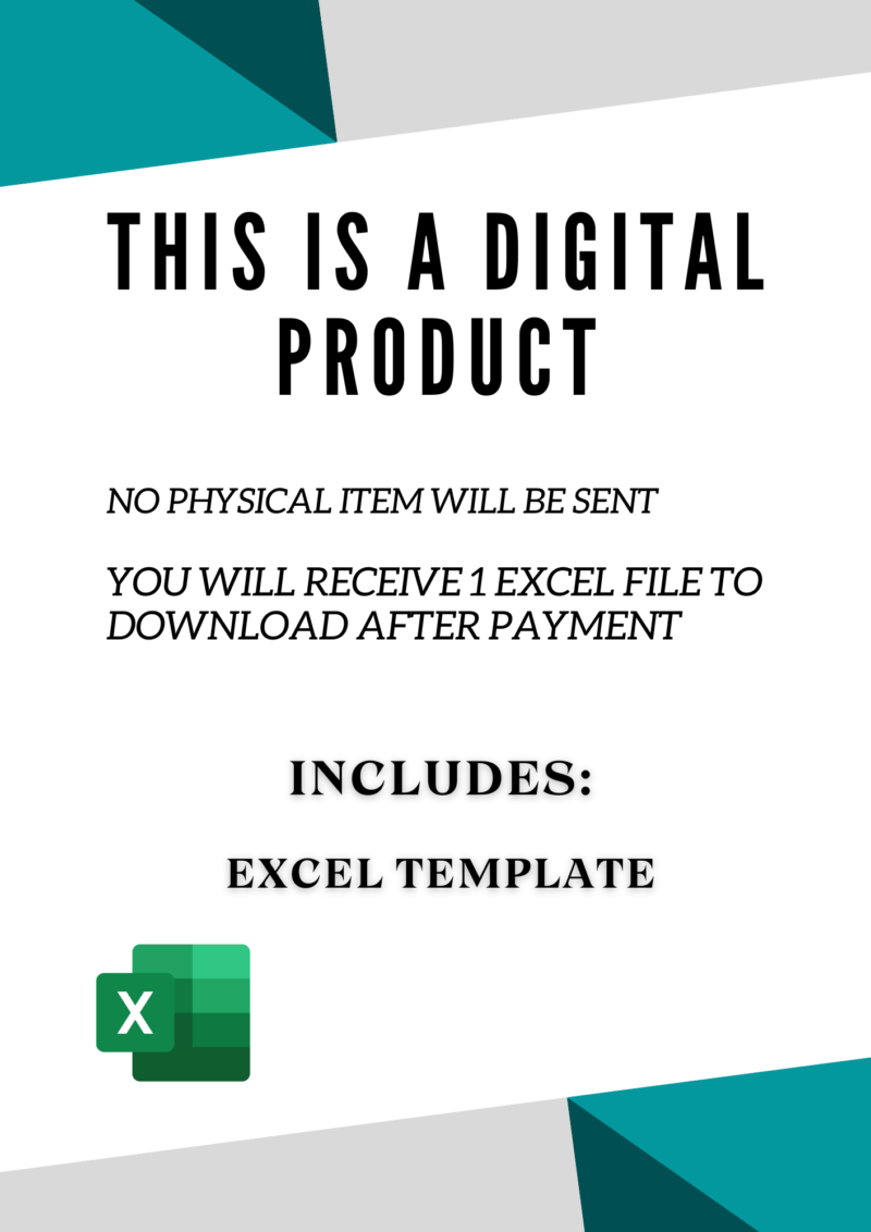 This is a digital product; no physical item is sent. You receive 1 Excel file to download after payment. Excel template.