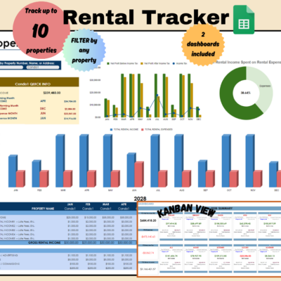 Rental tracker in Google Sheets for up to 10 properties, filtered by property: quick info with the best and worst months, monthly rental income and expenses, the share of income spent on expenses, and a second dashboard with a monthly card view.
