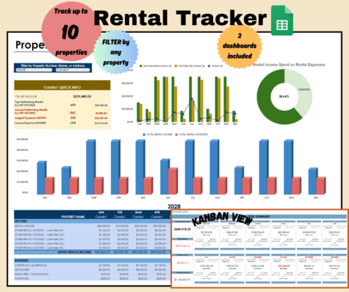 Rental tracker in Google Sheets for up to 10 properties, filtered by property: quick info with the best and worst months, monthly rental income and expenses, the share of income spent on expenses, and a second dashboard with a monthly card view.
