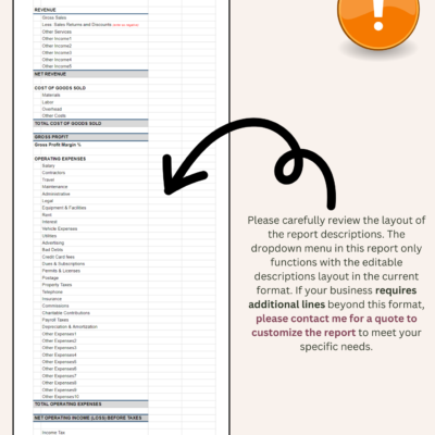 Revenue and expense description setup: the report descriptions can be edited within the current layout. Businesses that need more lines can ask for a quote to customize the report.